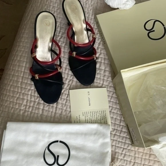 St. John leather mules strappy calypso navy red gold monogram - Picture 11 of 16